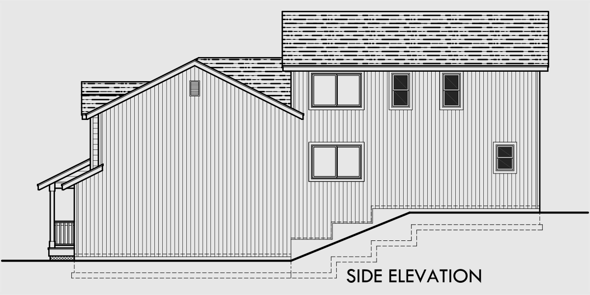 House side elevation view for D-479 Corner lot duplex house plans, craftsman duplex house plans, duplex house plans for sloping lot, D-479