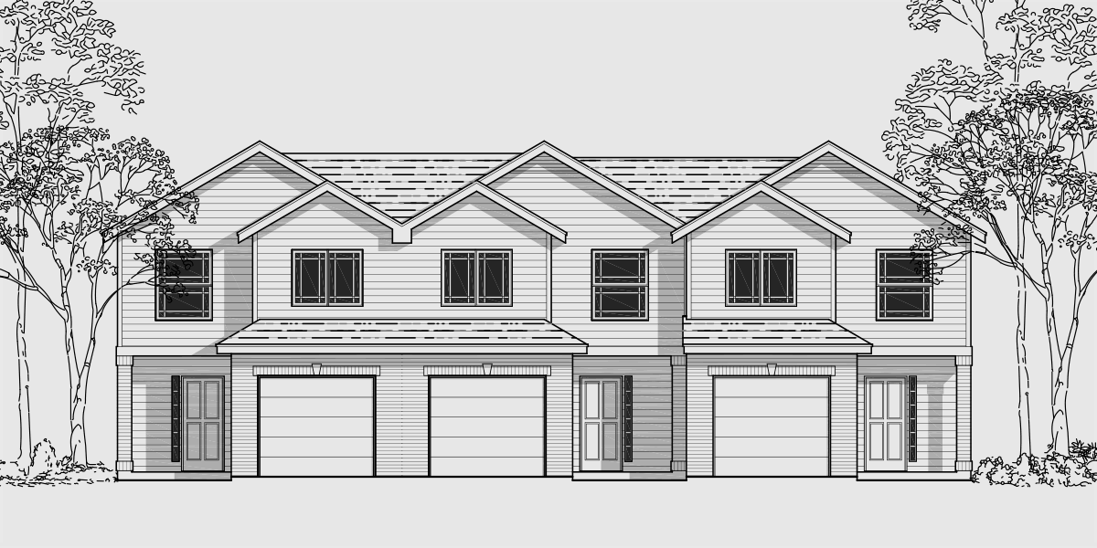 House front color elevation view for D-481 Triplex Multi-Family Plan 3 Bedroom, 1 Car Garage