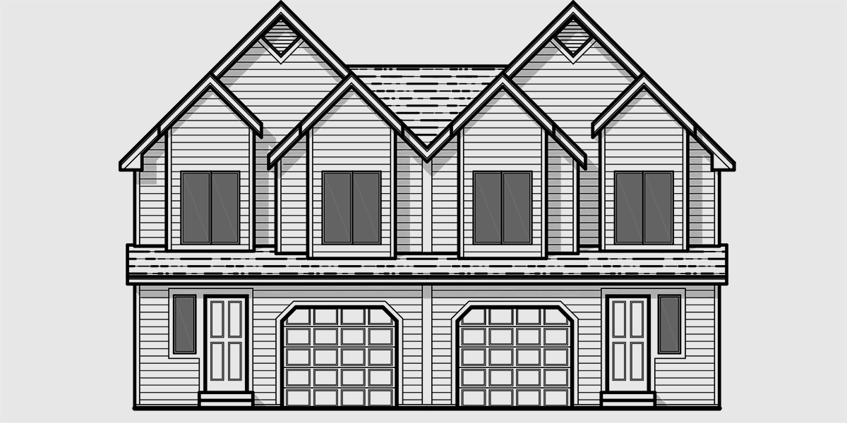 House front color elevation view for D-458 Duplex house plans, 3 bedroom townhouse plans, mirror image house plans, D-458