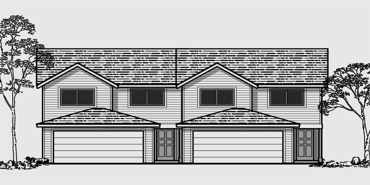 House front color elevation view for D-434 Duplex house plans, 25 ft. wide house plans, duplex house plans with 2 car garages, D-434