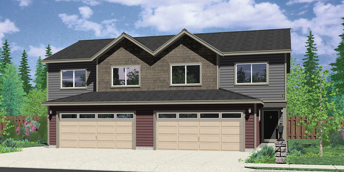House front color elevation view for D-477 25 ft. Wide Duplex Plan With Two Car Garage 