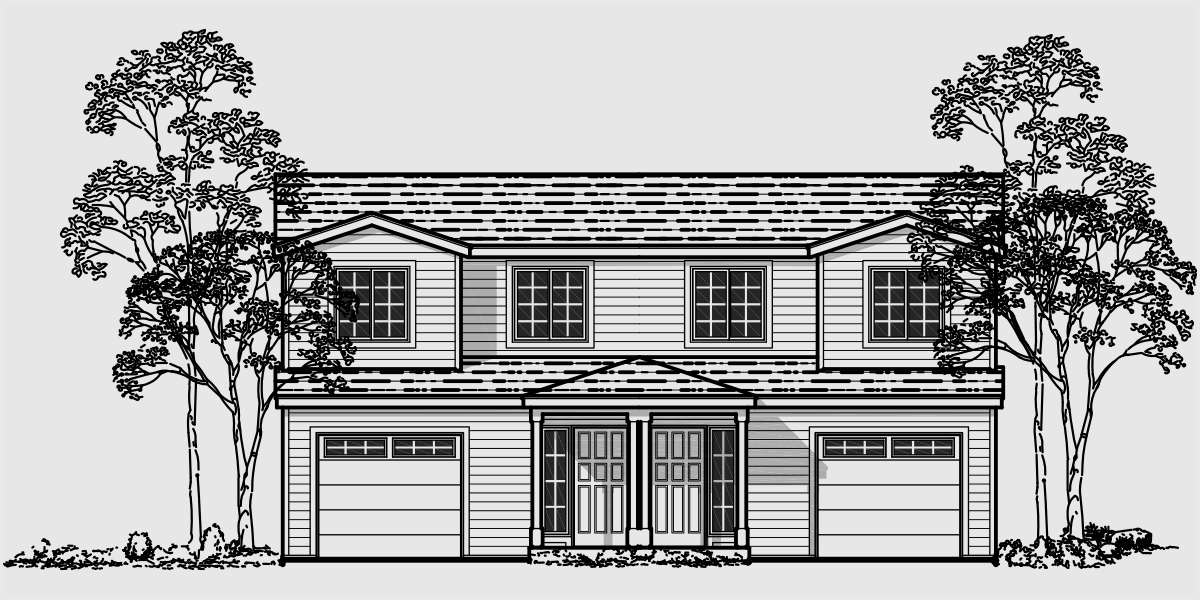 House front color elevation view for D-448 Duplex house plans, master on the main house plans, D-448
