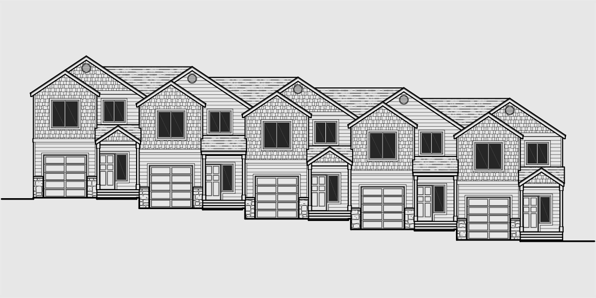 House rear elevation view for D-515-5 Townhouse plans, 5 plex plans, row house plans, townhouse plans with basement, townhouse plans for sloping lots, D-515-5