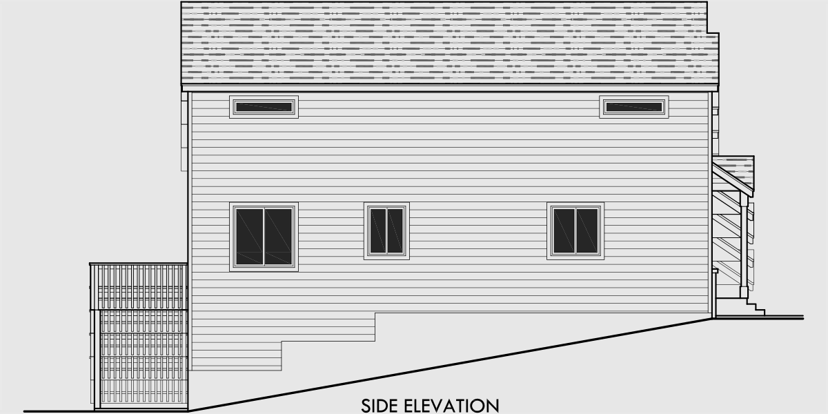 House rear elevation view for D-515-5 Townhouse plans, 5 plex plans, row house plans, townhouse plans with basement, townhouse plans for sloping lots, D-515-5
