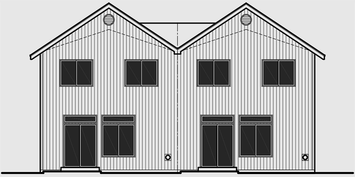 House front drawing elevation view for D-467 Duplex House Plans, 2 story duplex house plans, 2 - 3 - & 4 units available, Traditional house plans, D-467
