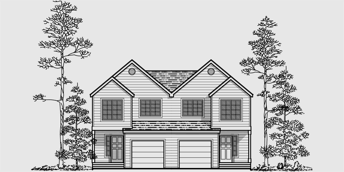 House front drawing elevation view for D-471 Duplex house plans, sloping lot duplex house plans, master on the main house plans, D-471