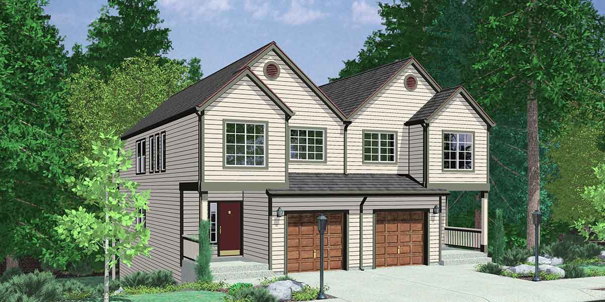 House front color elevation view for D-471 Duplex house plans, sloping lot duplex house plans, master on the main house plans, D-471