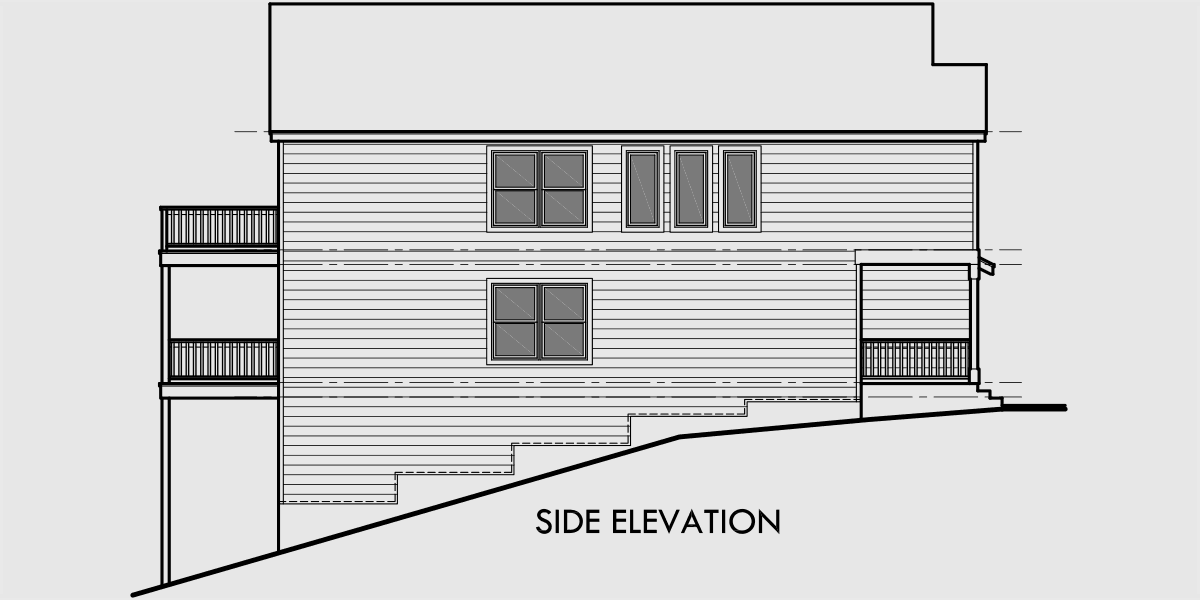 House side elevation view for D-471 Duplex house plans, sloping lot duplex house plans, master on the main house plans, D-471