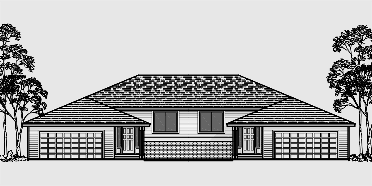 House front drawing elevation view for D-492 Duplex house plans, split level duplex house plans, D-492