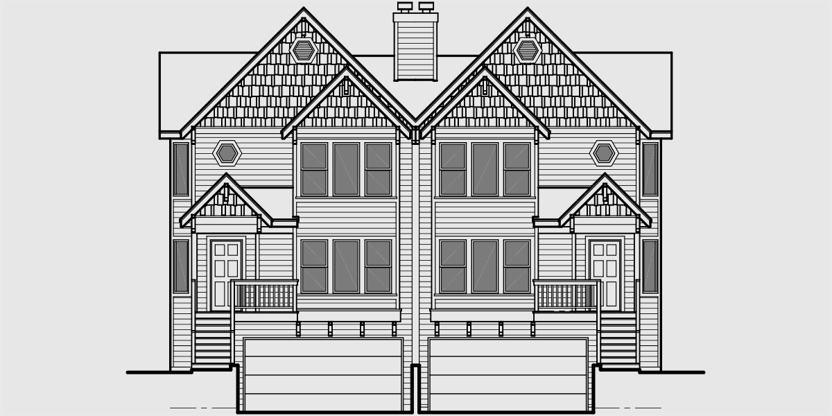 House front drawing elevation view for D-403 Victorian townhouse plans, duplex house plans, D-403