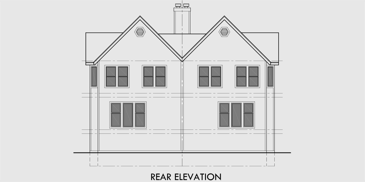 House rear elevation view for D-403 Victorian townhouse plans, duplex house plans, D-403