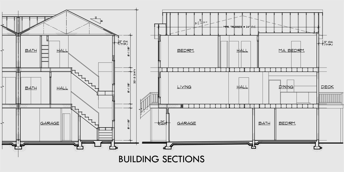 House rear elevation view for D-415 3 story townhouse plans, 4 bedroom duplex house plans, D-415