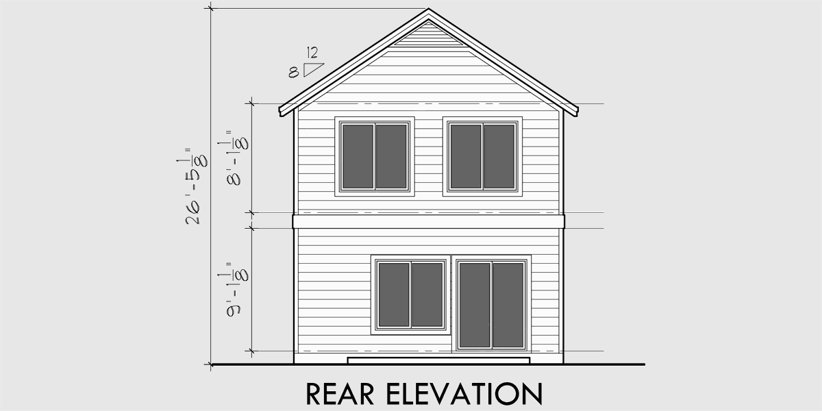 House front drawing elevation view for 10105 Narrow lot house plans, small house plans with garage, 3 bedroom house plans, 20 ft wide house plans, 10105