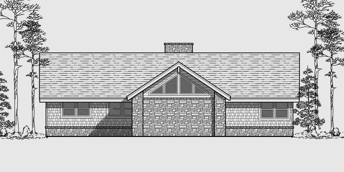 House front drawing elevation view for 10044 House plans with daylight basement, drive through portico, house plans with shop, basement rec room