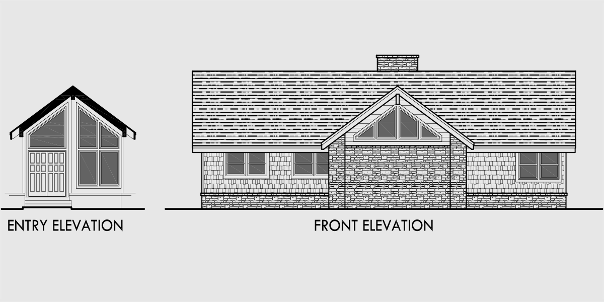 House rear elevation view for 10044 House plans with daylight basement, drive through portico, house plans with shop, basement rec room