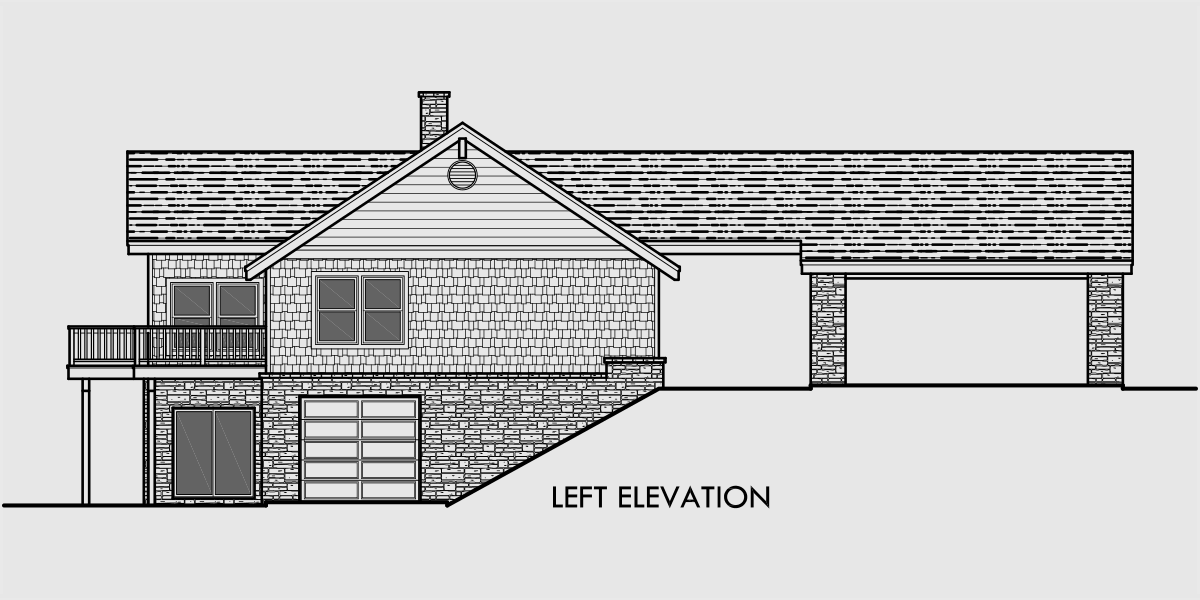 House side elevation view for 10044 House plans with daylight basement, drive through portico, house plans with shop, basement rec room