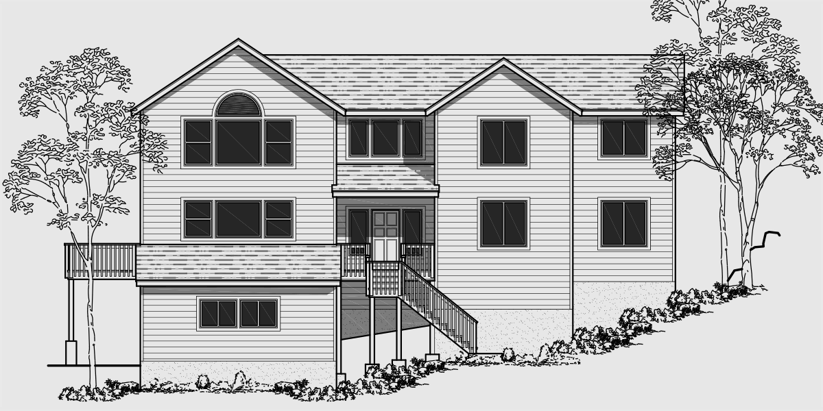 House front color elevation view for 10070 Sloping lot house plans, house plans with side garage, narrow lot house plans, 5 bedroom house plans, house plans with elevator, 10070