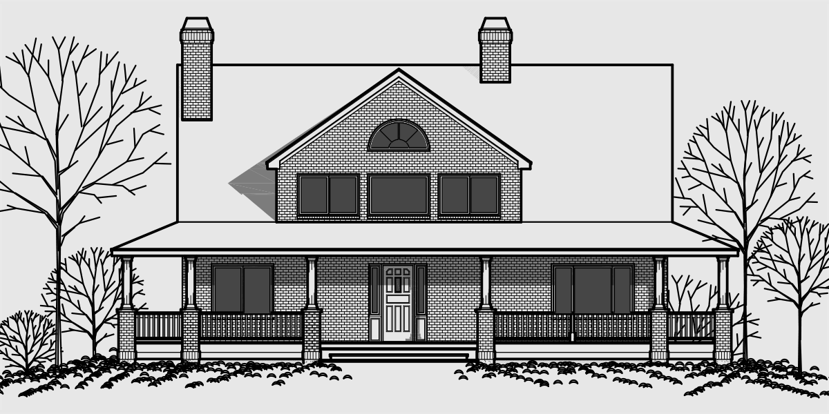 House front drawing elevation view for 9929 Brick House Plans, daylight basement house plans, house plans for sloping lots, wrap around porch house plans, 9929