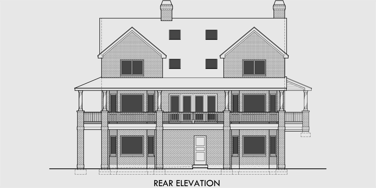 House rear elevation view for 9929 Brick House Plans, daylight basement house plans, house plans for sloping lots, wrap around porch house plans, 9929