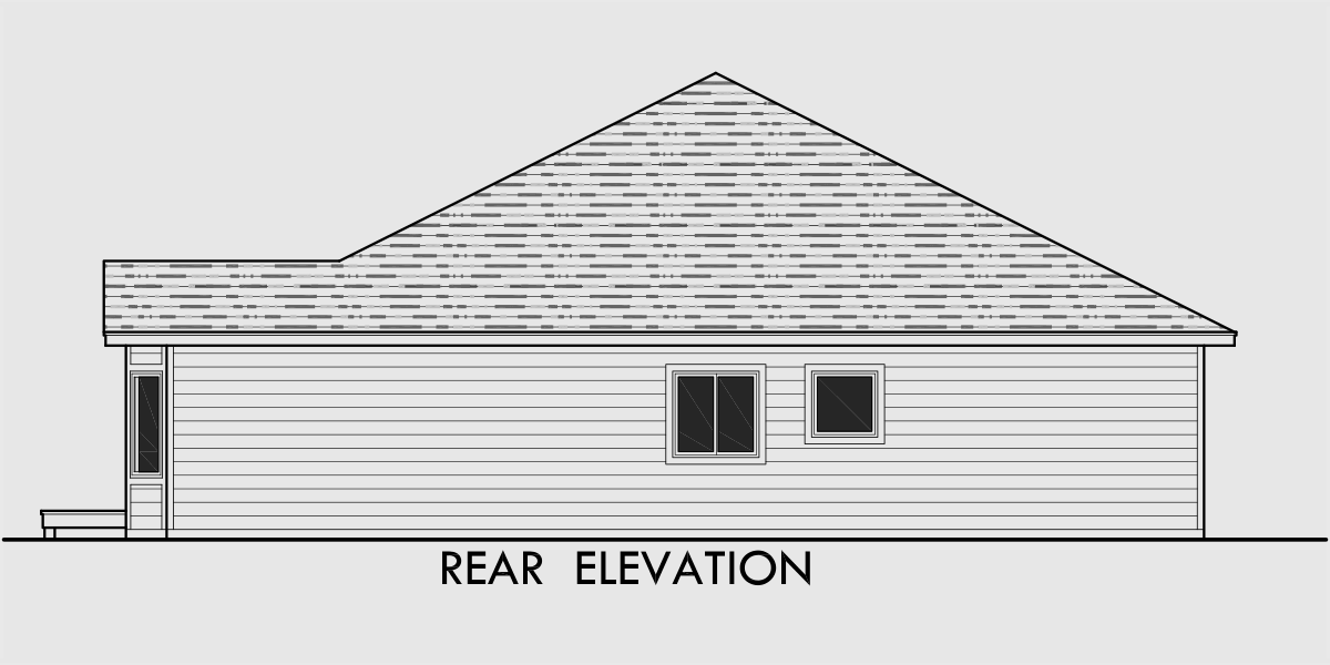 House rear elevation view for 10079 One level house plans, side view house plans, narrow lot house plans, 10079