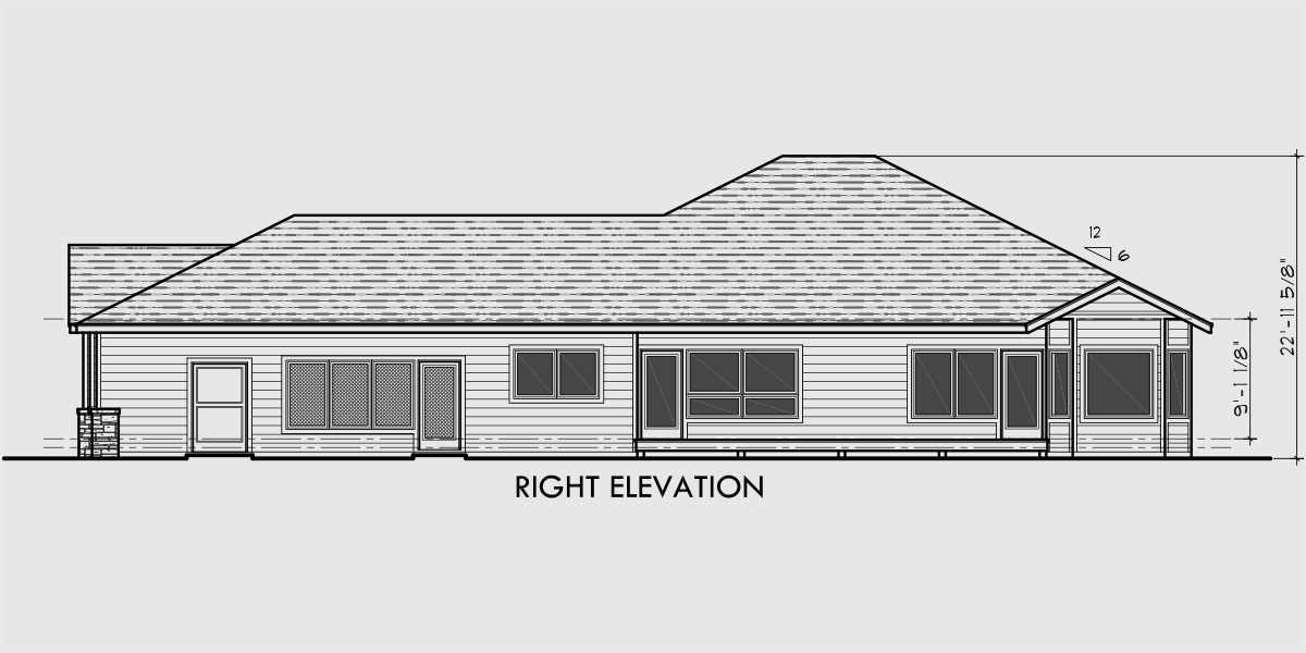 House side elevation view for 10079 One level house plans, side view house plans, narrow lot house plans, 10079