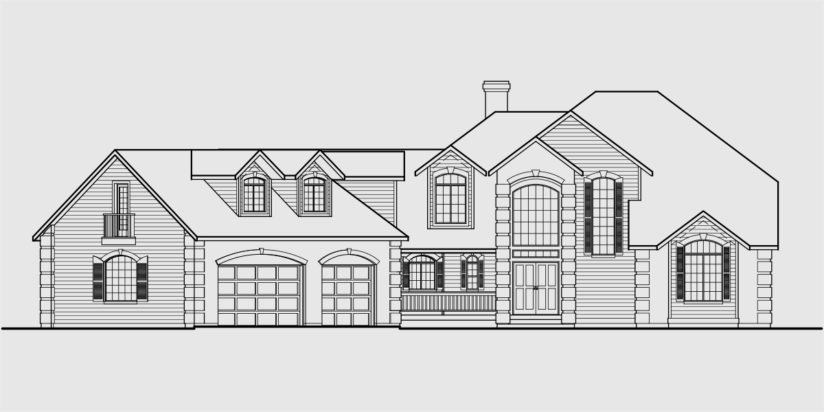 House front drawing elevation view for 9895 Country house plans, Luxury house plans, Master bedroom on main floor, Bonus room over garage, Daylight basement, 9895