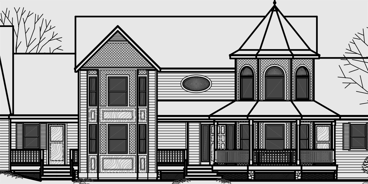 House front color elevation view for 9989 Victorian house plans, luxury house plans, master bedroom on main floor, bonus room house plans, 9989
