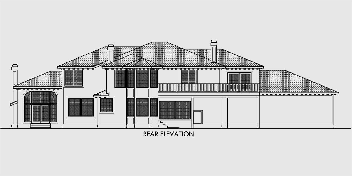 House rear elevation view for 10034 Mediterranean house plans, Luxury house plans, Dream kitchen, Large master suite, house plans with bonus room, house plans with 4 car garage