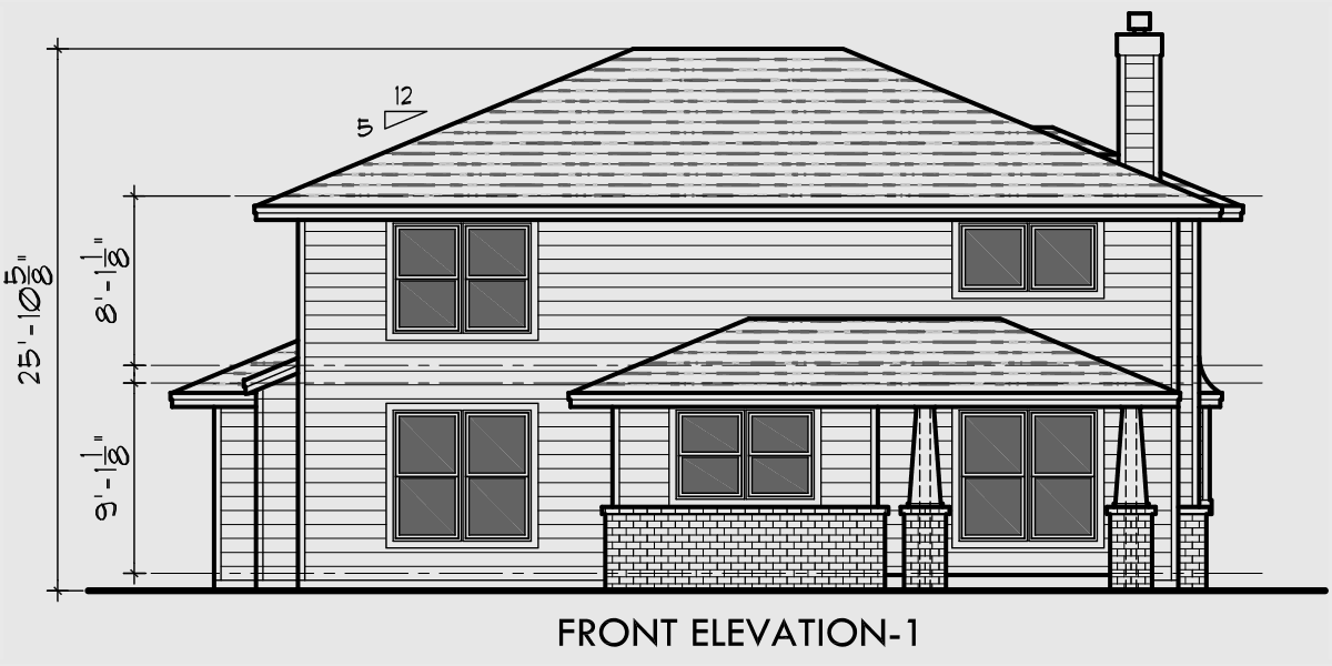 House front drawing elevation view for 10096 Two Story Traditional House Plan features master bedroom on the main floor and in law suite