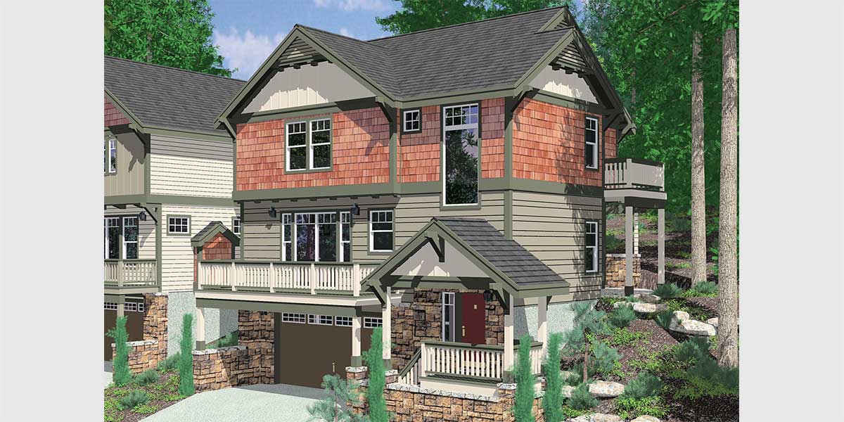 House front color elevation view for 10111 Craftsman house plan for sloping lots