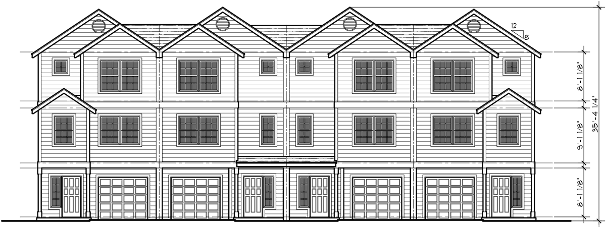 House front drawing elevation view for F-558 Four-plex house plans, 4 unit multi family house plans, F-558