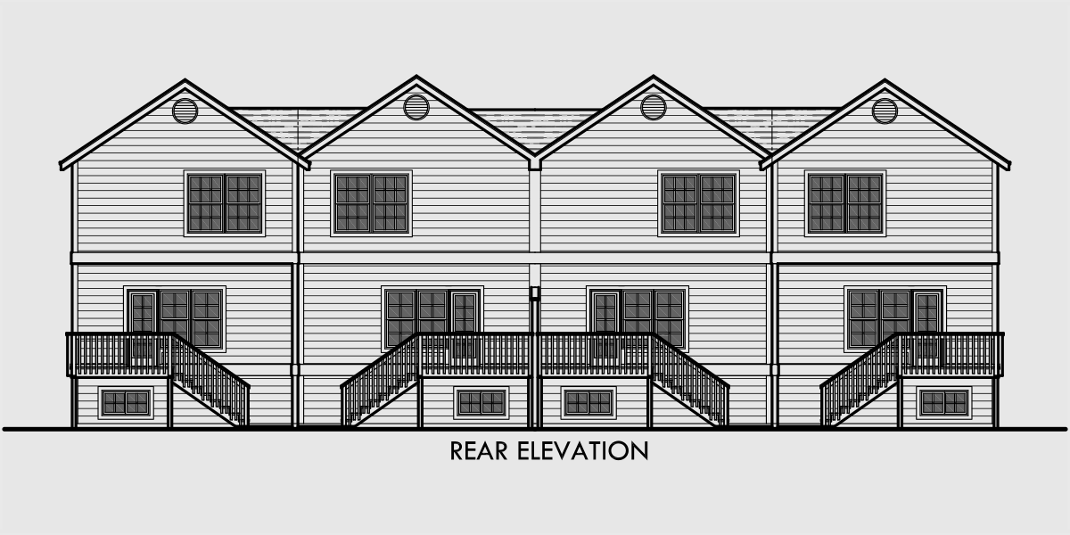House rear elevation view for F-558 Four-plex house plans, 4 unit multi family house plans, F-558