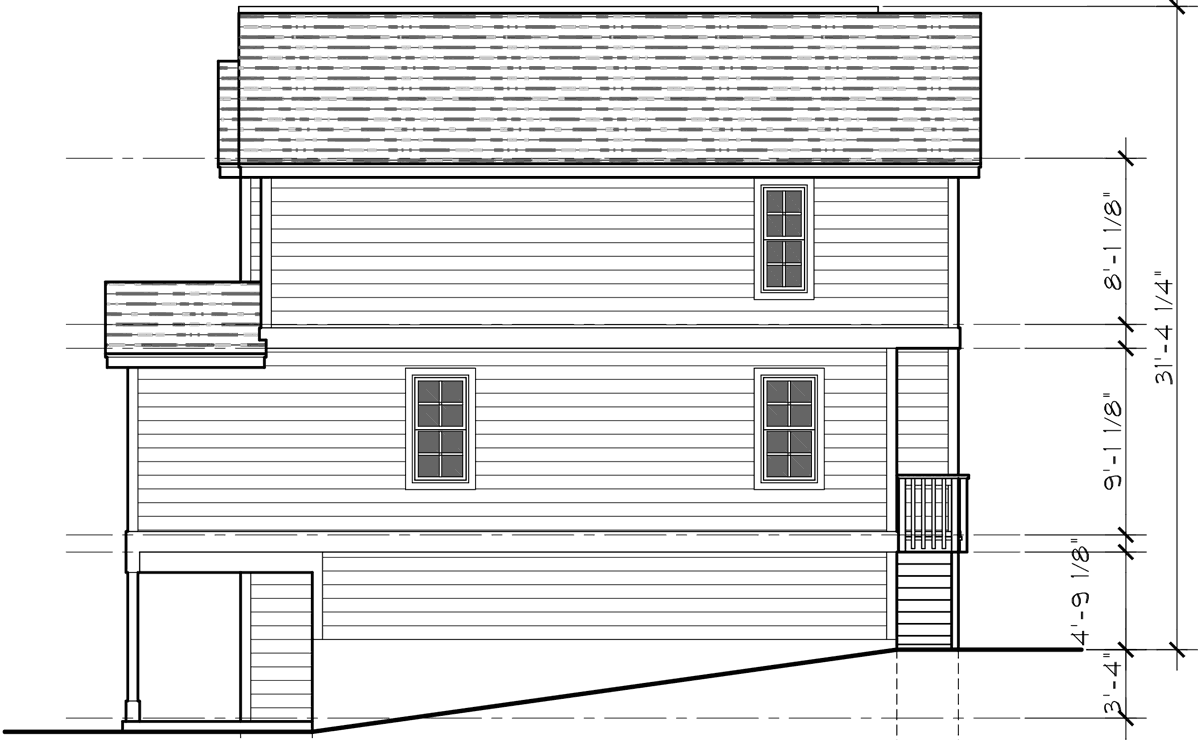 House side elevation view for F-558 Four-plex house plans, 4 unit multi family house plans, F-558