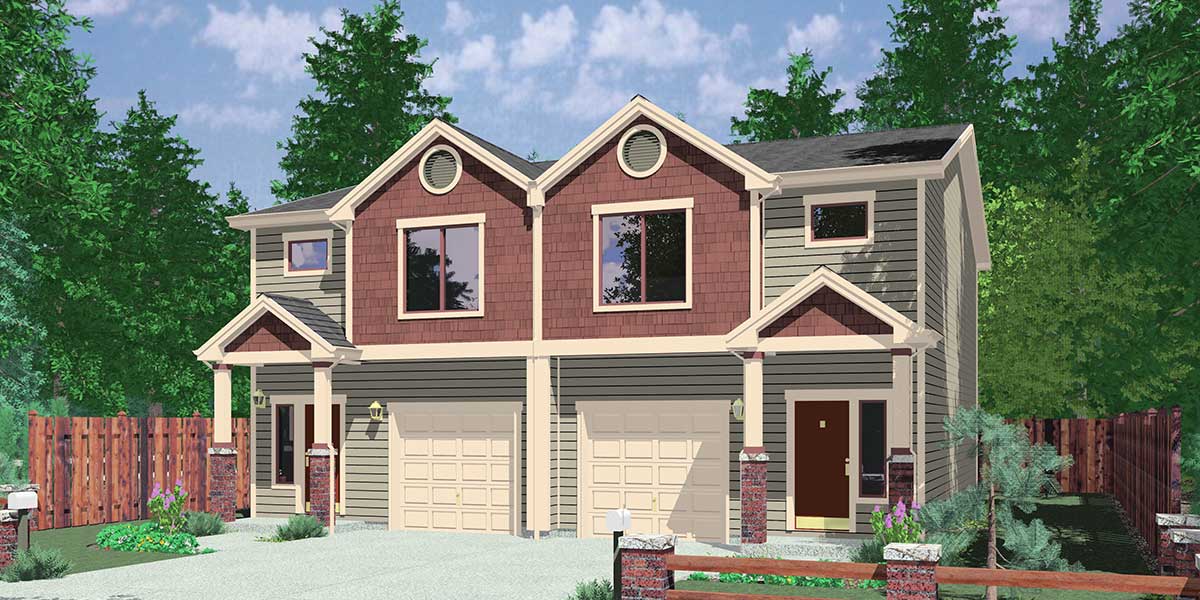 House front color elevation view for D-532 Duplex House Plan, D-532, Duplex  Plans with Garage