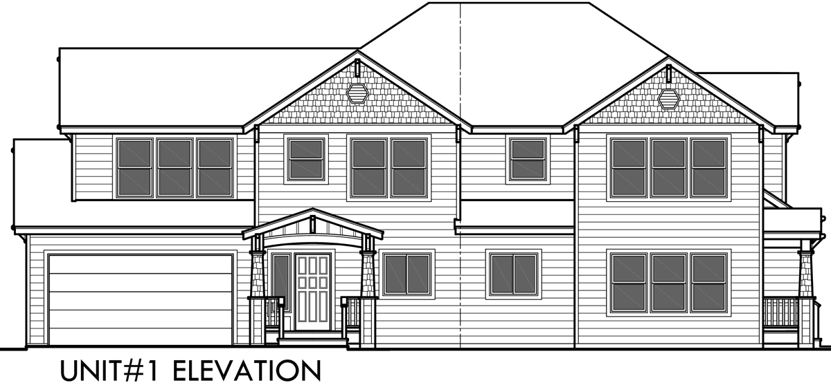 House front drawing elevation view for D-548 Duplex house plans, corner lot duplex house plans, duplex house plans with garage, 3 bedroom duplex house plans, D-548