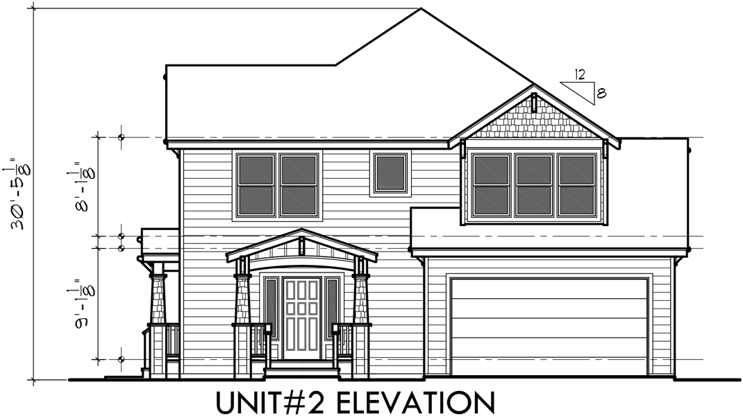 House side elevation view for D-548 Duplex house plans, corner lot duplex house plans, duplex house plans with garage, 3 bedroom duplex house plans, D-548