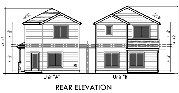 House front drawing elevation view for D-554-b Duplex house plans, corner lot duplex house plans, duplex house plans with garage, 3 bedroom duplex house plans, D-544-b