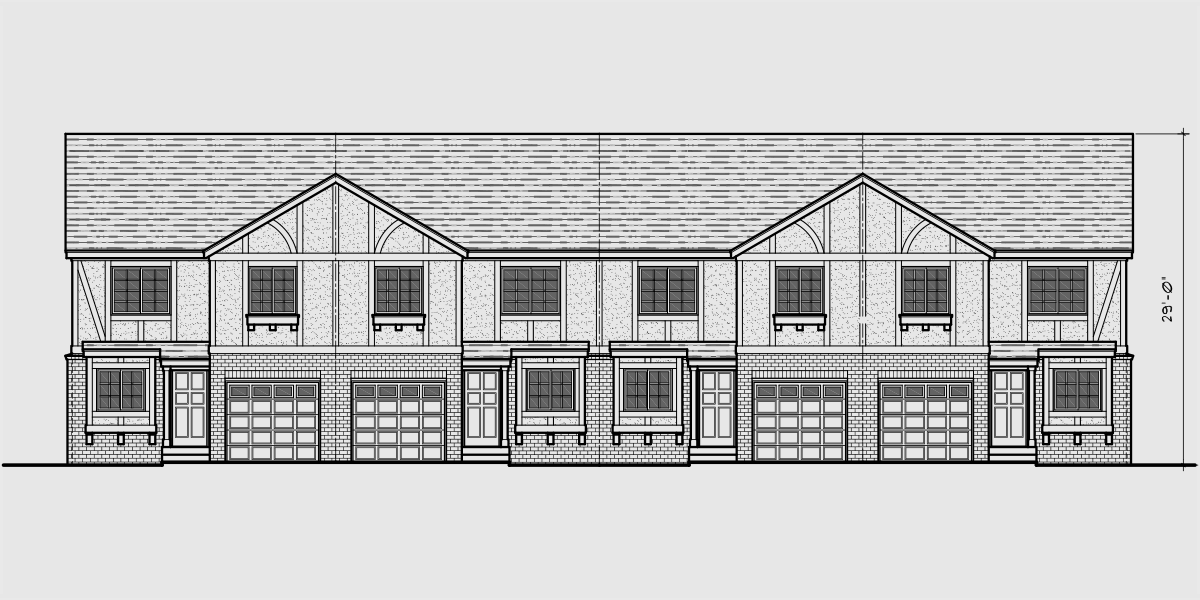 House front drawing elevation view for F-490 4 plex plans, Tudor house plans, townhome plans, quadplex plans, F-490