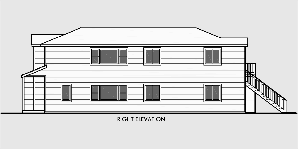 House rear elevation view for D-552 duplex house plans, stacked duplex house plans, D-552