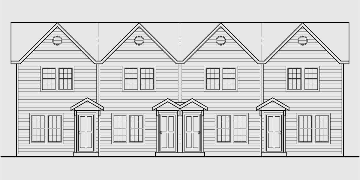House front color elevation view for F-552 4 plex plans, townhome plans, 15 ft wide house plans, narrow lot townhouse plans, F-552