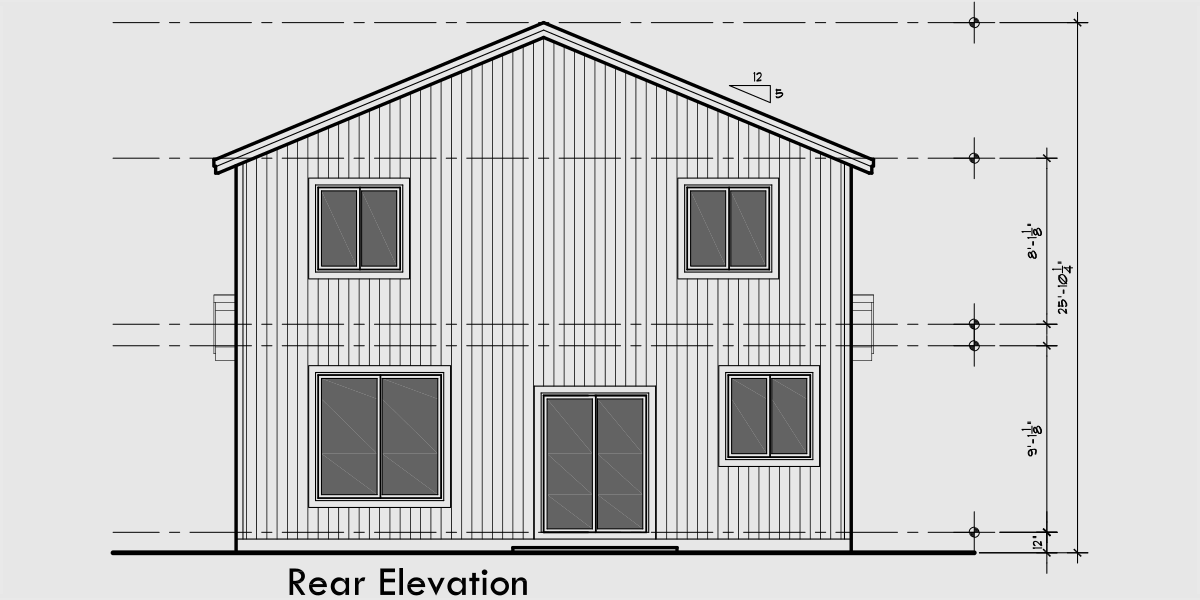 House front drawing elevation view for 10125 4 bedroom house plans, 30 wide house plans, narrow house plans, 2 level house plans, 10125