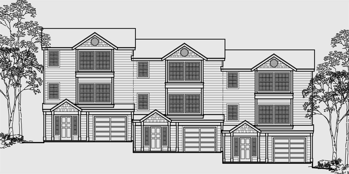House front drawing elevation view for T-408 Triplex house plans, 3 bedroom townhouse plans, 25 ft wide house plans, narrow house plans, 3 story townhouse plans
