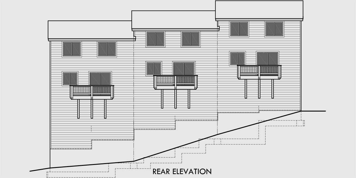 House side elevation view for T-408 Triplex house plans, 3 bedroom townhouse plans, 25 ft wide house plans, narrow house plans, 3 story townhouse plans