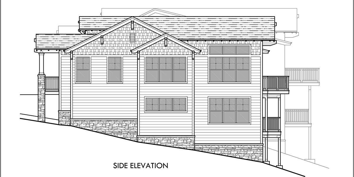 House rear elevation view for D-577 Craftsman duplex house plans, Luxury duplex house plans, Master bedroom on main floor, Sloping lot house plans