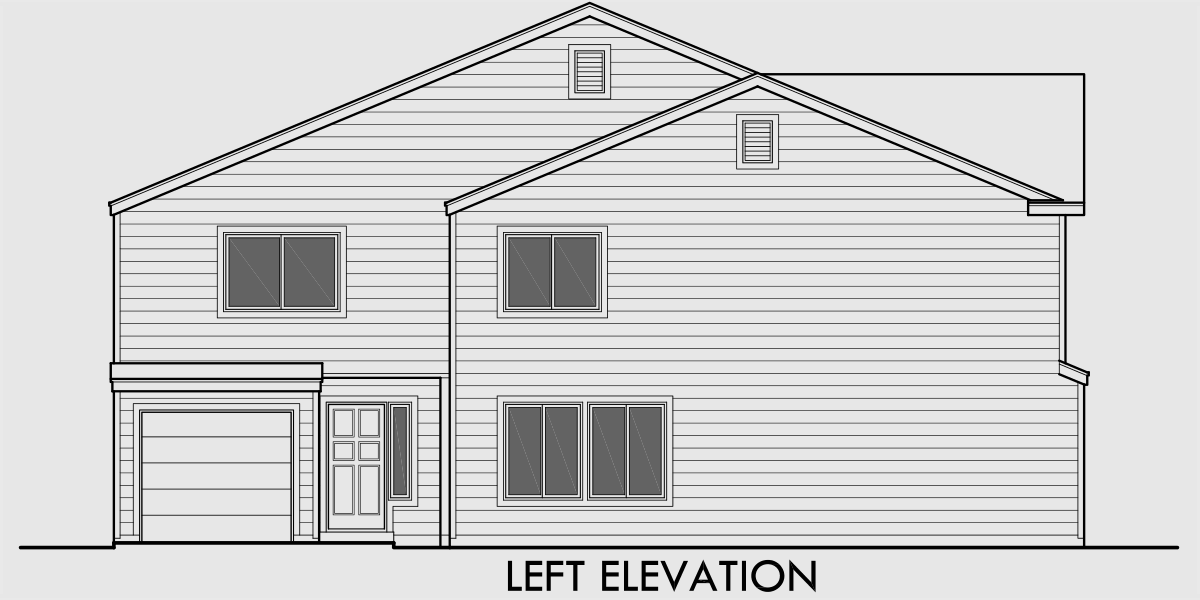 House front drawing elevation view for T-402 Triplex house plans, corner lot multifamily plans, triplex house plans with garage, T-402