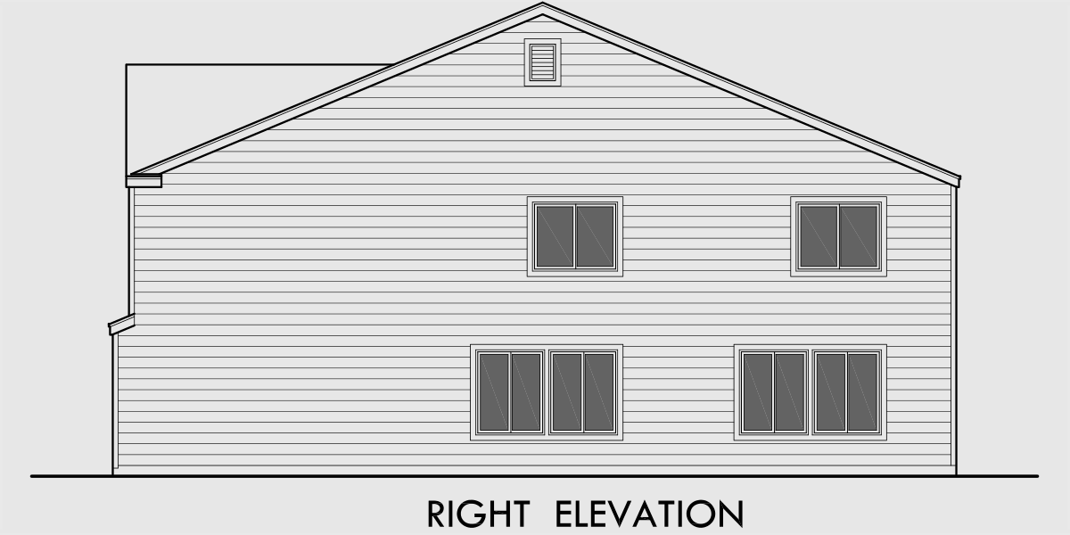 House side elevation view for T-402 Triplex house plans, corner lot multifamily plans, triplex house plans with garage, T-402