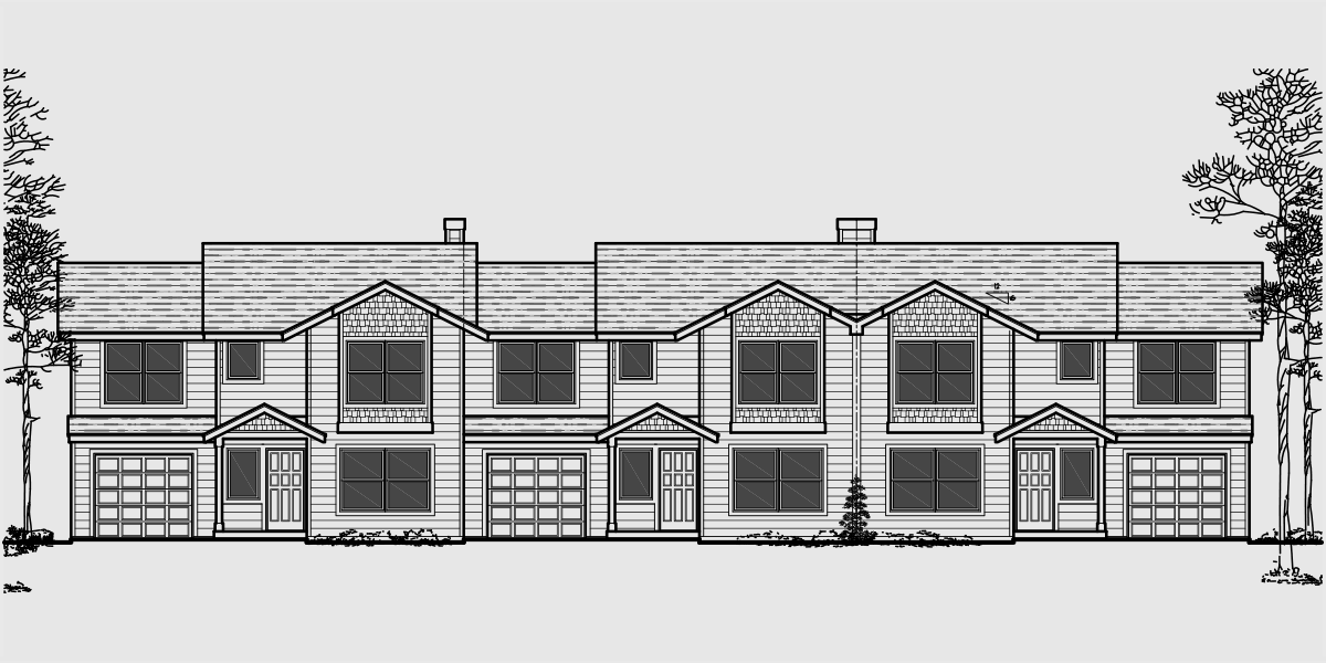 House front drawing elevation view for T-396 Triplex  house plans, triplex plans with garage, townhouse plans, T-396