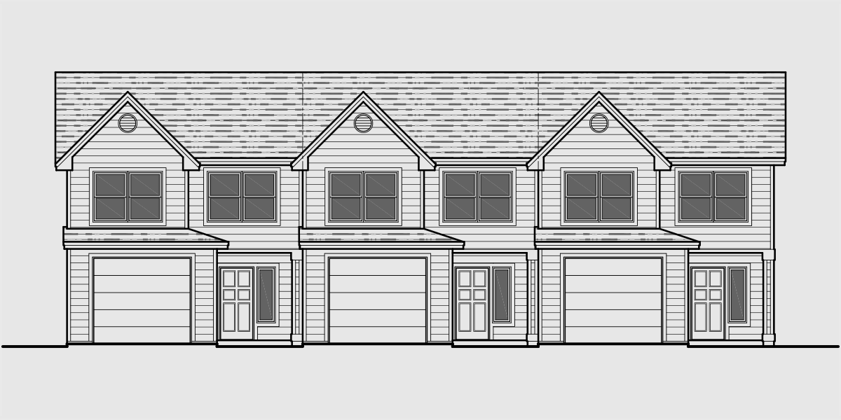 House front color elevation view for T-398 Triplex house plans, 3 bedroom townhouse plans, triplex plans with garage, 22 ft wide house plans, T-398