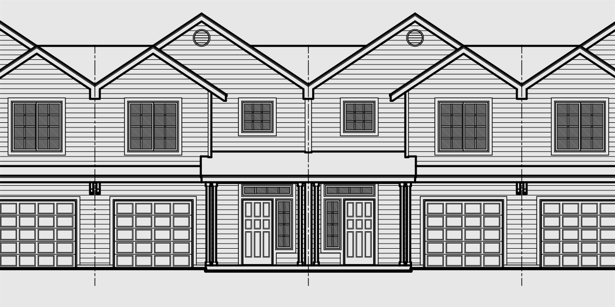 House front color elevation view for F-545 4 plex house plans, narrow townhouse, row house plans, 22 ft wide house plans, F-545