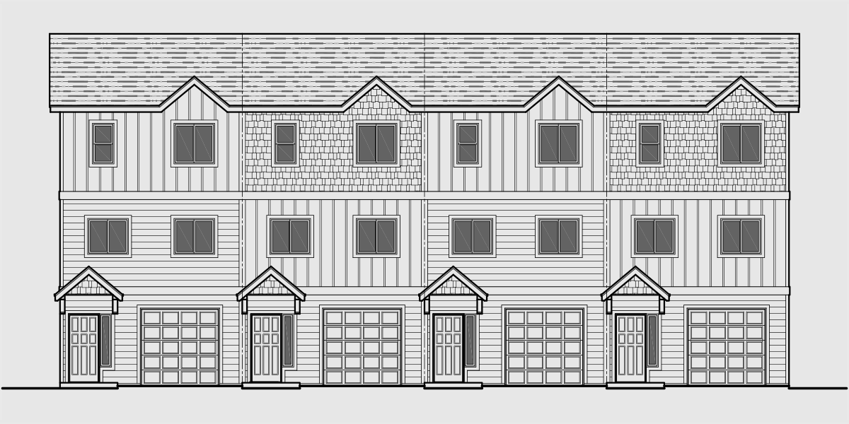 House front color elevation view for F-562 4 plex plans, narrow townhouse plans, 4 plex plans with garage, 2 bedroom 4 plex plans, F-562